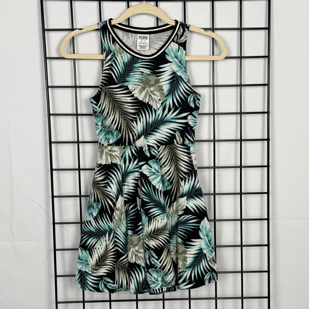 PINK Victorias Secret Skater Dress Womens XS Black Tropical Palm Leaf Ringer